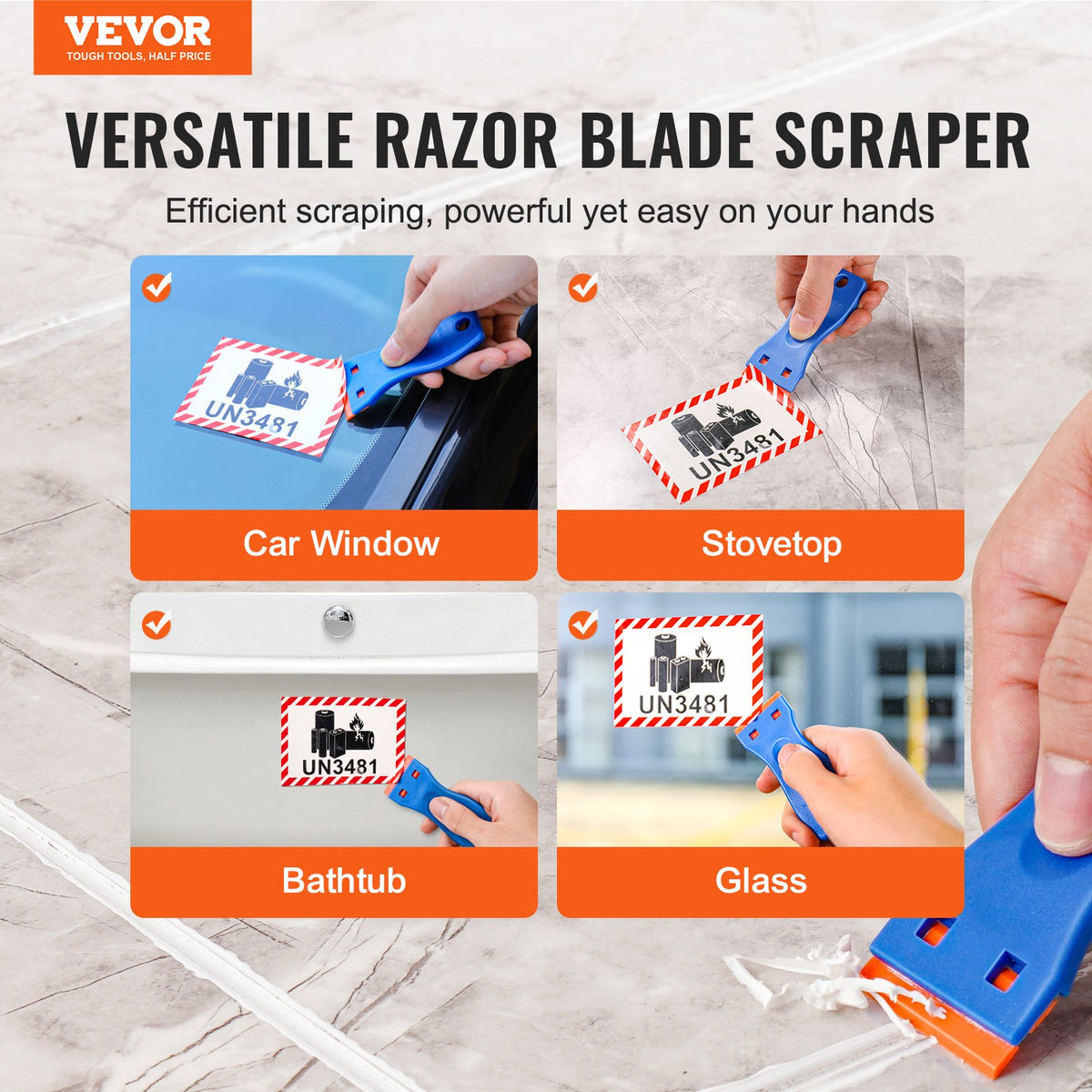 Plastic razor scraper removing adhesive from glass