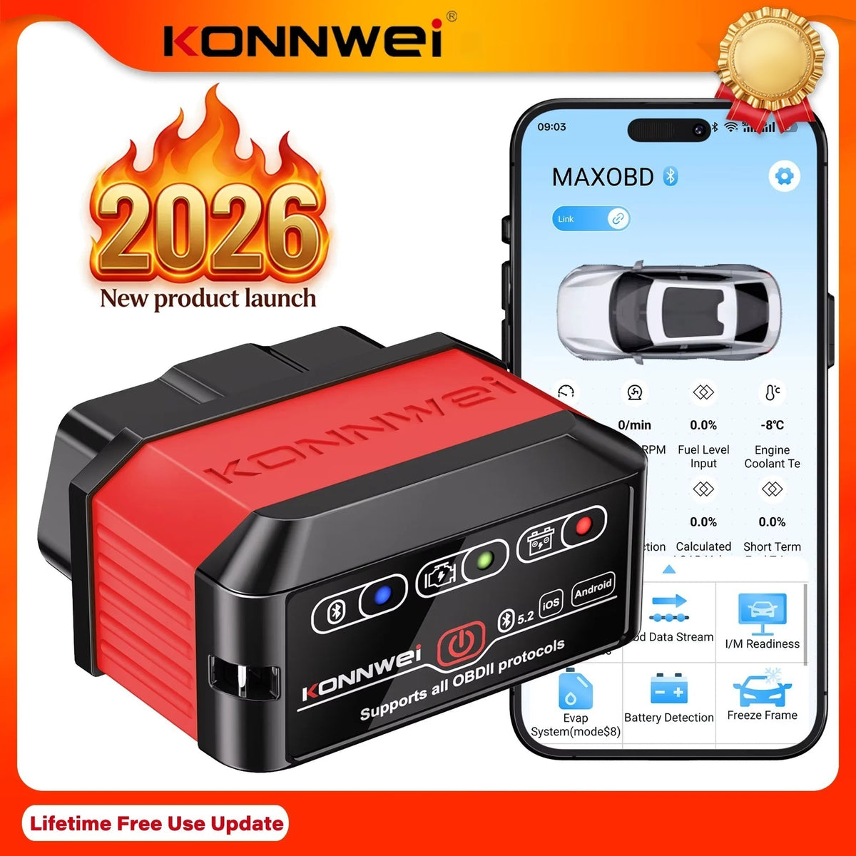 KW905 ELM327 OBD2 Bluetooth 5.0 Code Reader Scanner for Android & iOS