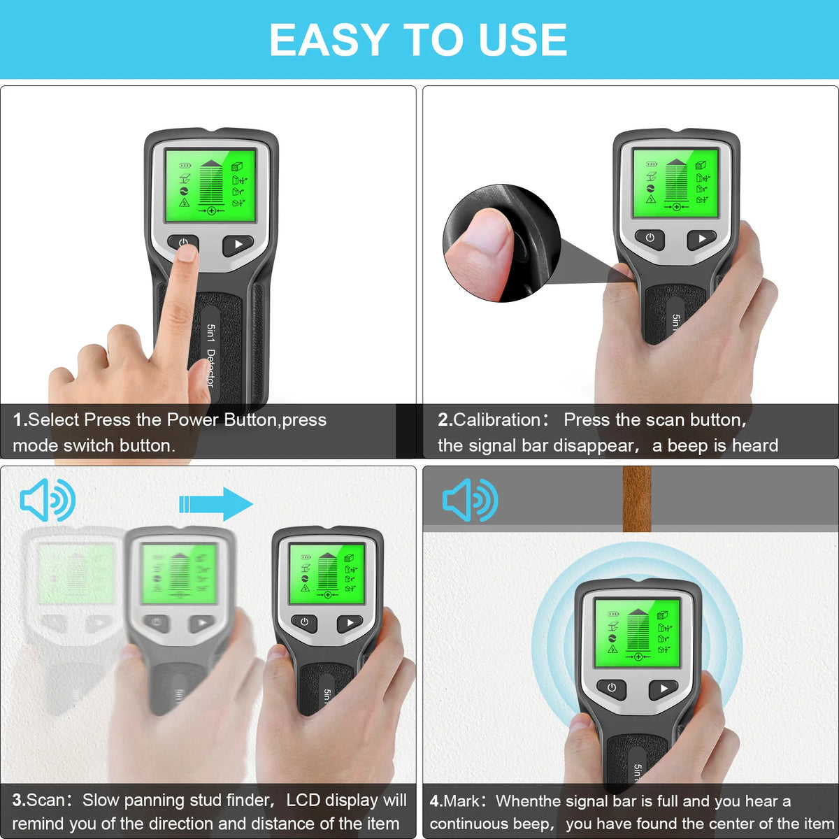 5 in 1 Stud Finder Wall Scanner, Multifunctional Wall Detector for Wood Metal Studs & Live AC Wires, LCD Display Wall Sensor