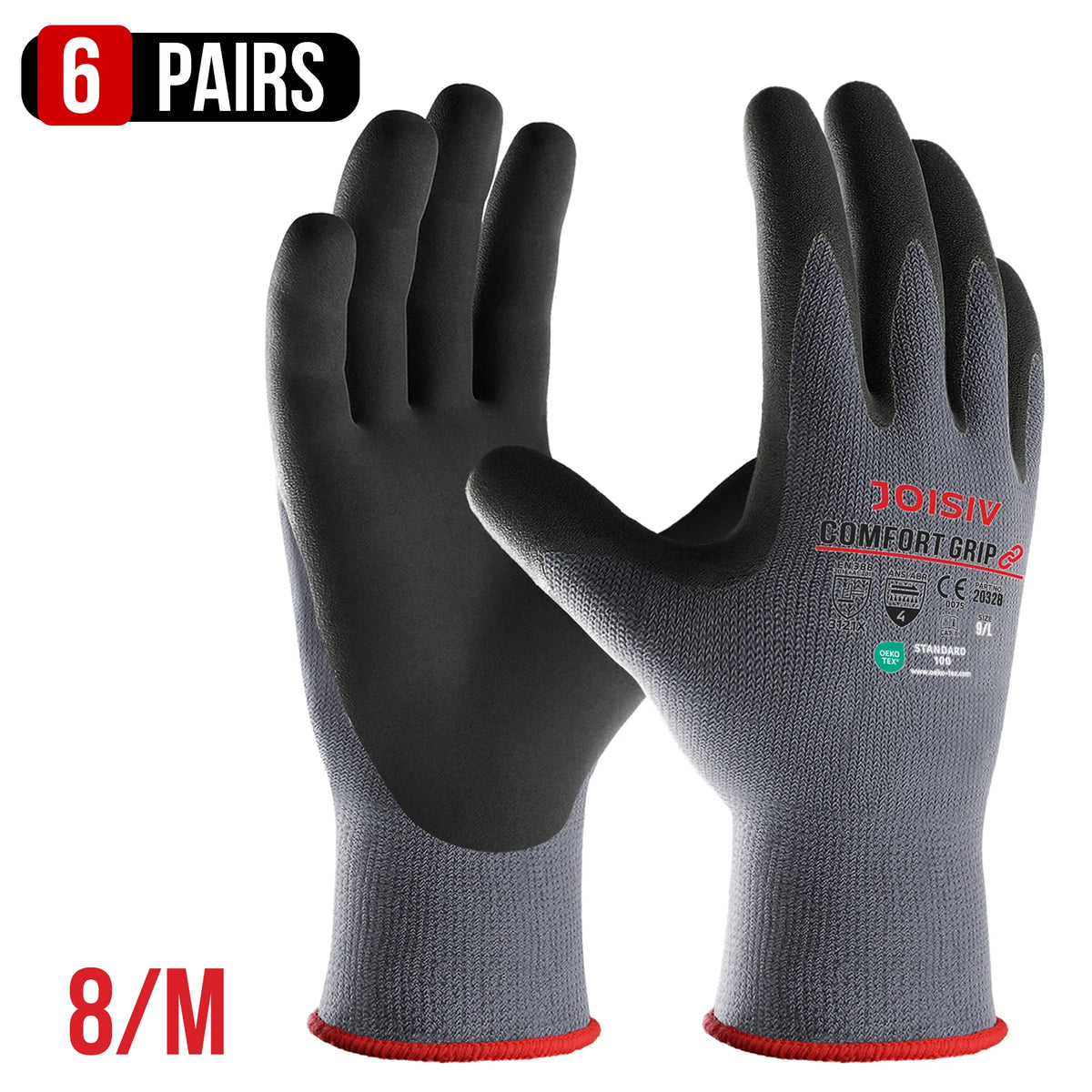 6 Pairs Heavy-Duty Nitrile Coated Work Gloves, Non-Slip Lightweight Breathable