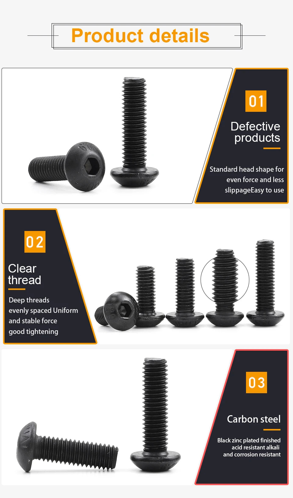 JUIDINTO 1-50pcs Allen Round Screw Bolt 12.9 Grade M2 M2.5 M3 M4 M5  M6 M8 M10 Hex Hexagon Socket Button Head Screw for MTB