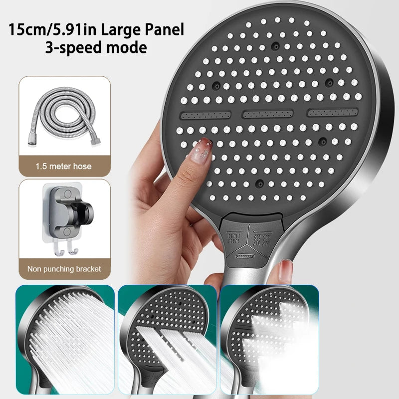 15cm High-Pressure Shower Head with Hose – 3 Modes