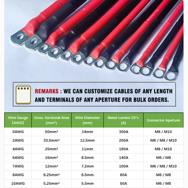 M6-M8 M6-M10 Jumper Cables for Car Battery Inverter Heavy Duty with Terminal 6AWG