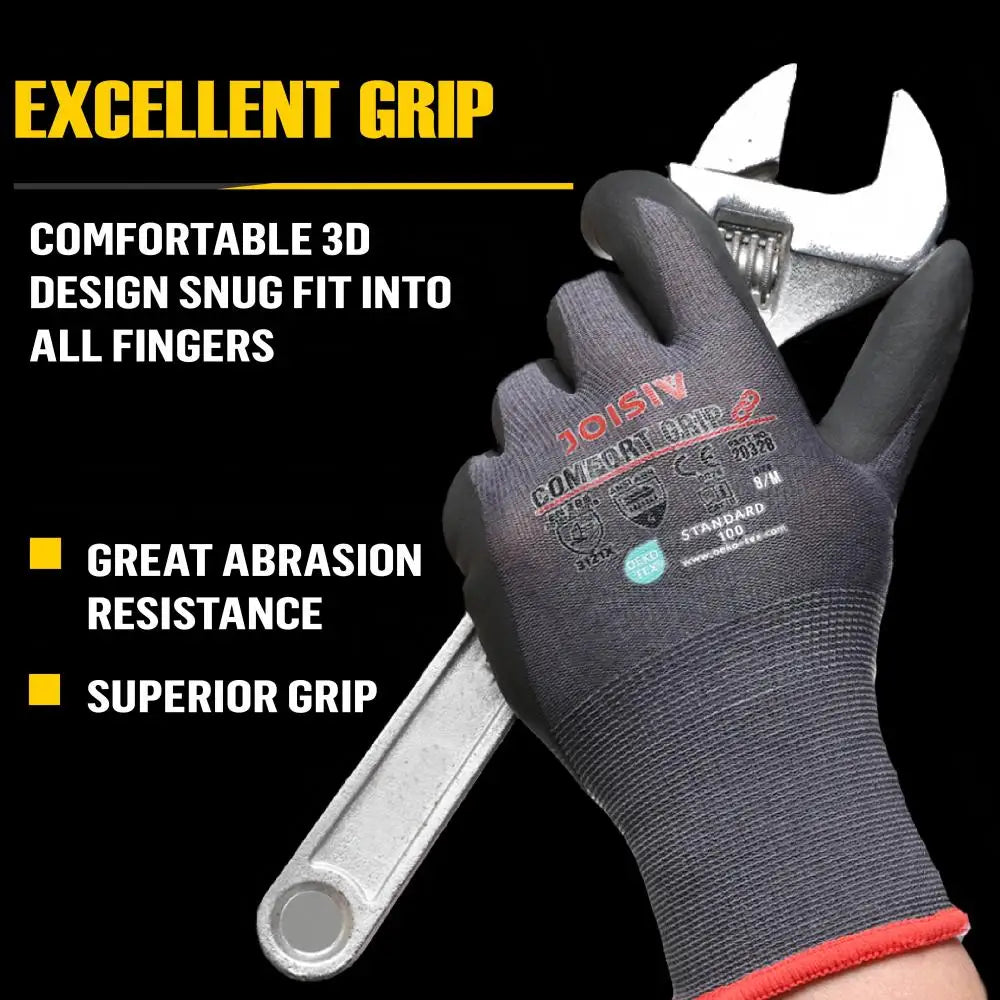 6 Pairs Heavy-Duty Nitrile Coated Work Gloves, Non-Slip Lightweight Breathable