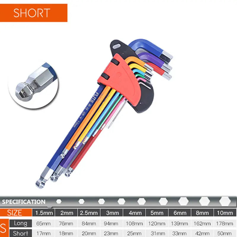 9PCS Long Arm Allen Key Set L Wrench Hex Key 1.5mm to 10mm Bicycle Repair