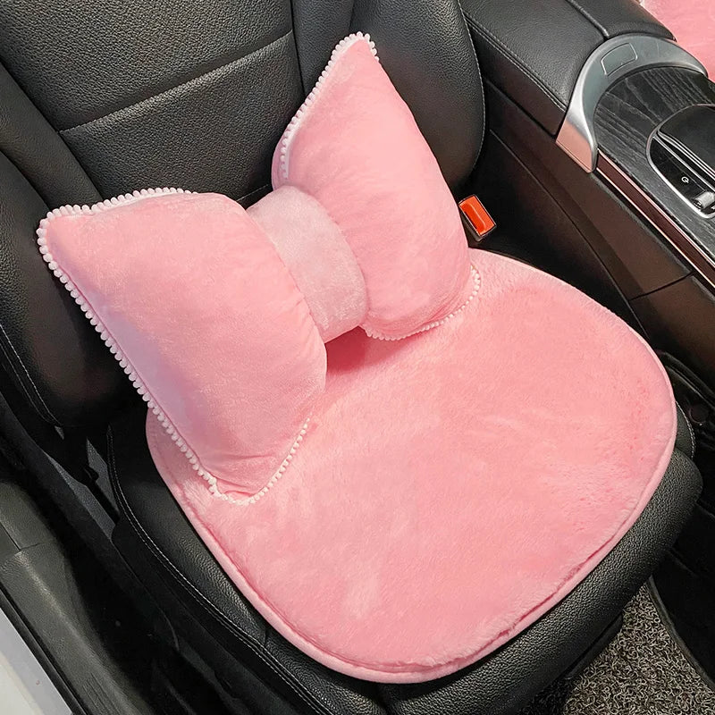 Pink Plush Bowknot Car Neck Pillow and Lumbar Cushion