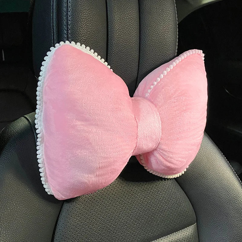 Pink Plush Bowknot Car Neck Pillow and Lumbar Cushion