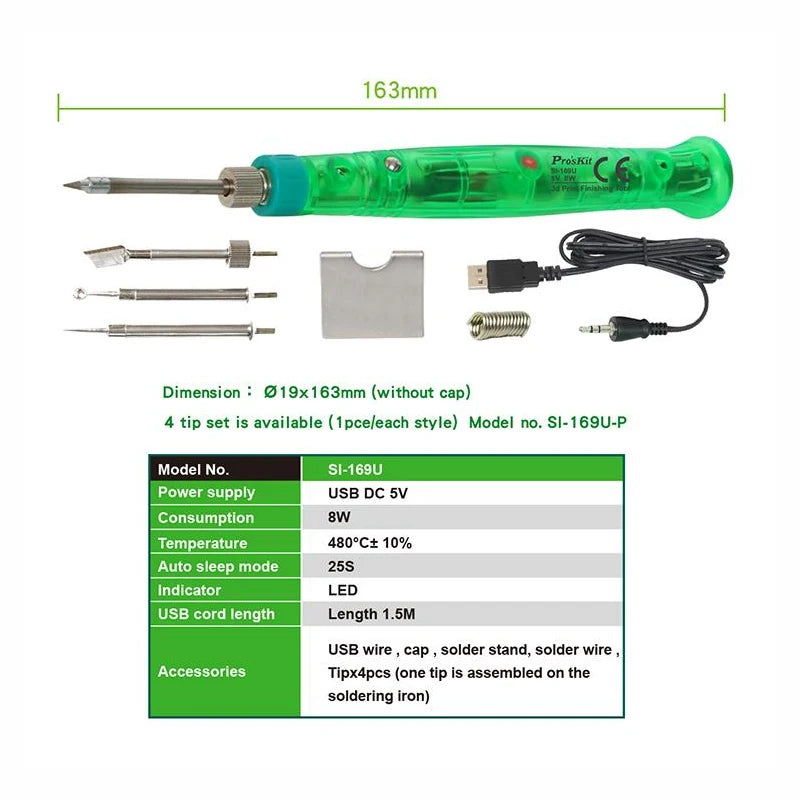 Pro'sKit SI-169U 3D Printing Finishing Maintenance Soldering Iron Group Tools Kit 8W Handheld USB Electric Soldering Iron Set