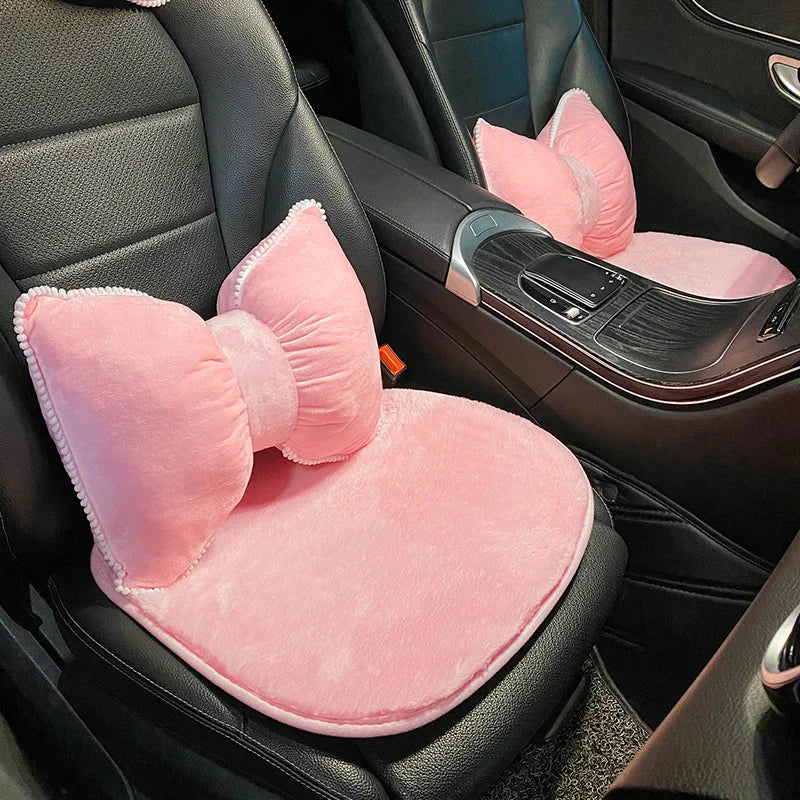 Pink Plush Bowknot Car Neck Pillow and Lumbar Cushion