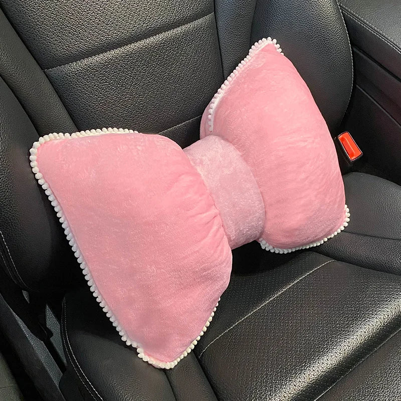 Pink Plush Bowknot Car Neck Pillow and Lumbar Cushion