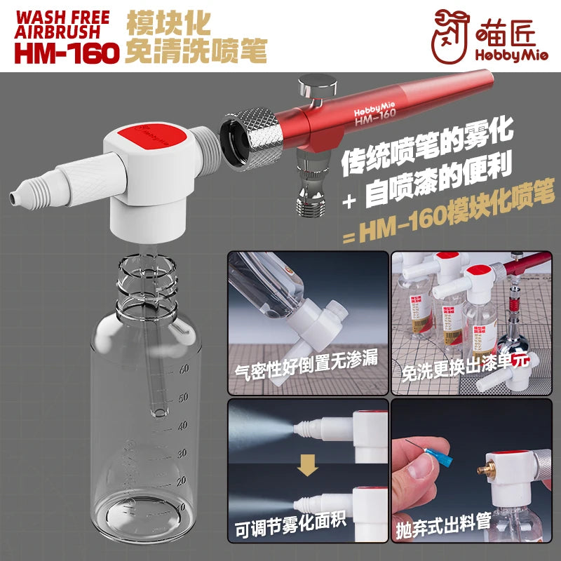 HobbyMie HM-160 Wash Free Modular Airbrush Kit No-Clean Spray Gun for Model Hobby Painting