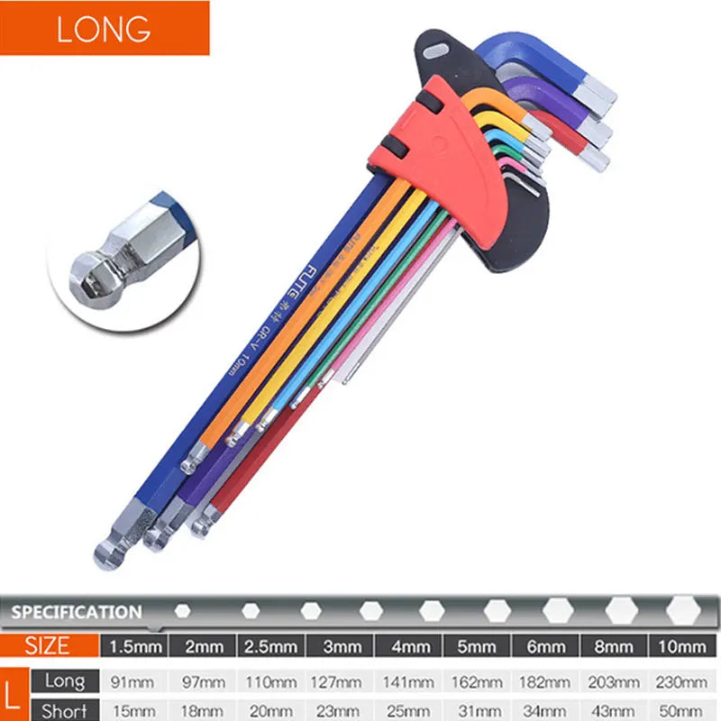 9PCS Long Arm Allen Key Set L Wrench Hex Key 1.5mm to 10mm Bicycle Repair