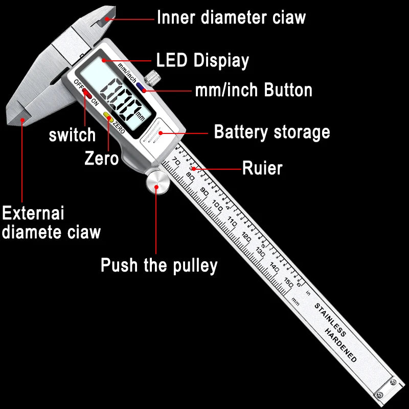6-Inch 150mm Digital Calipers Stainless Steel Electronic Digital Vernier Caliper Metal Micrometer Measuring Tool CALIPER