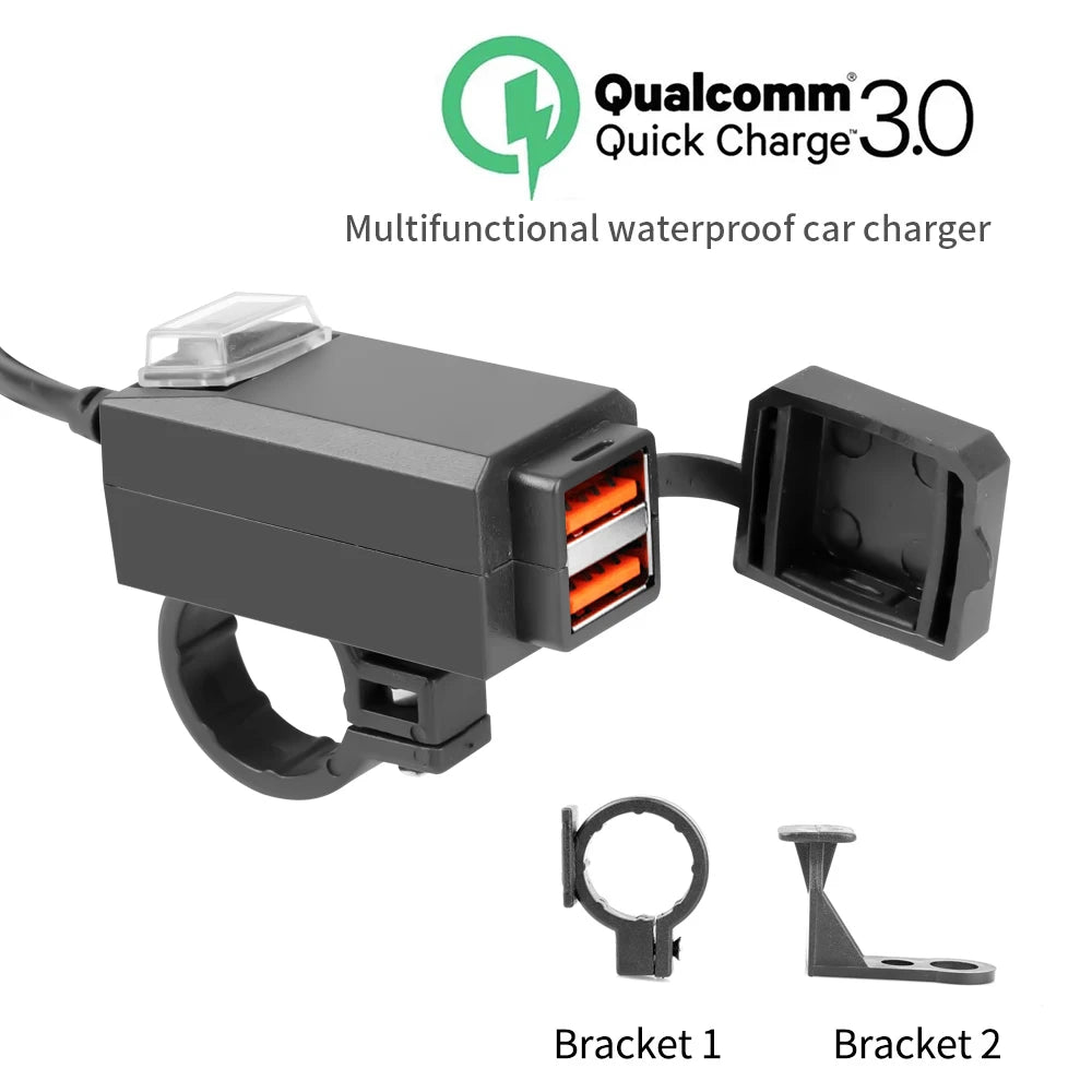 Motorcycle Vehicle-Mounted Charger Waterproof USB Adapter 12V Phone Dual USB Port Quick Charge 3.0 With Switch Moto Accessory