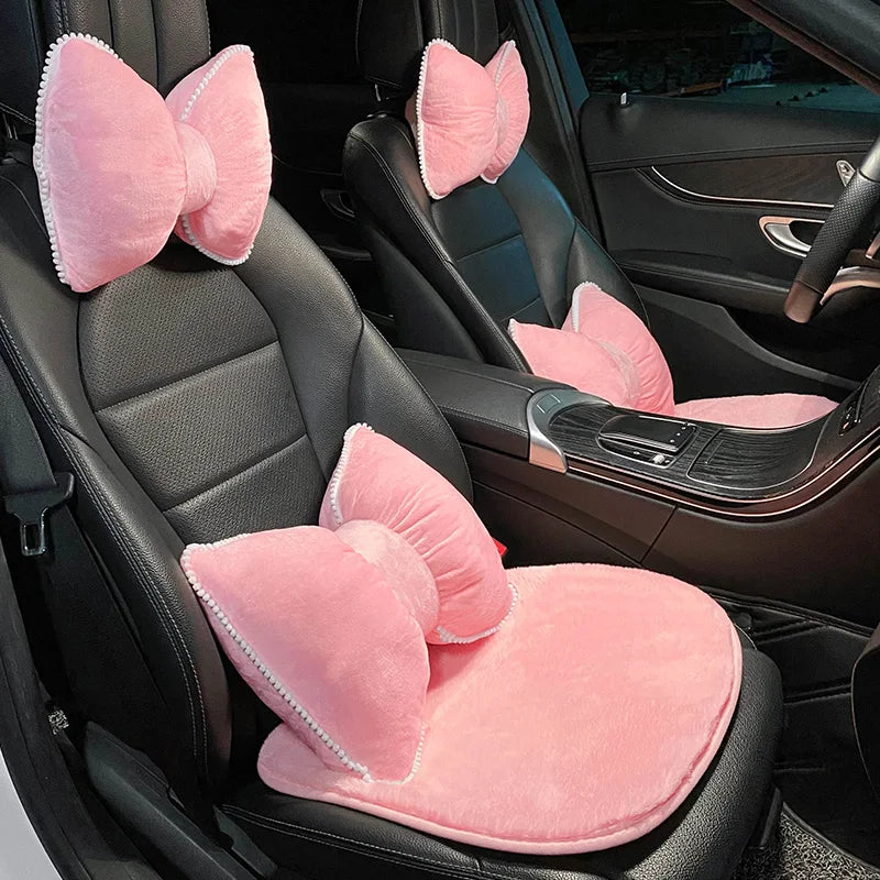 Pink Plush Bowknot Car Neck Pillow and Lumbar Cushion