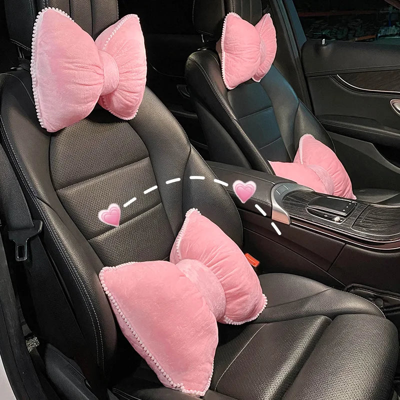 Pink Plush Bowknot Car Neck Pillow and Lumbar Cushion