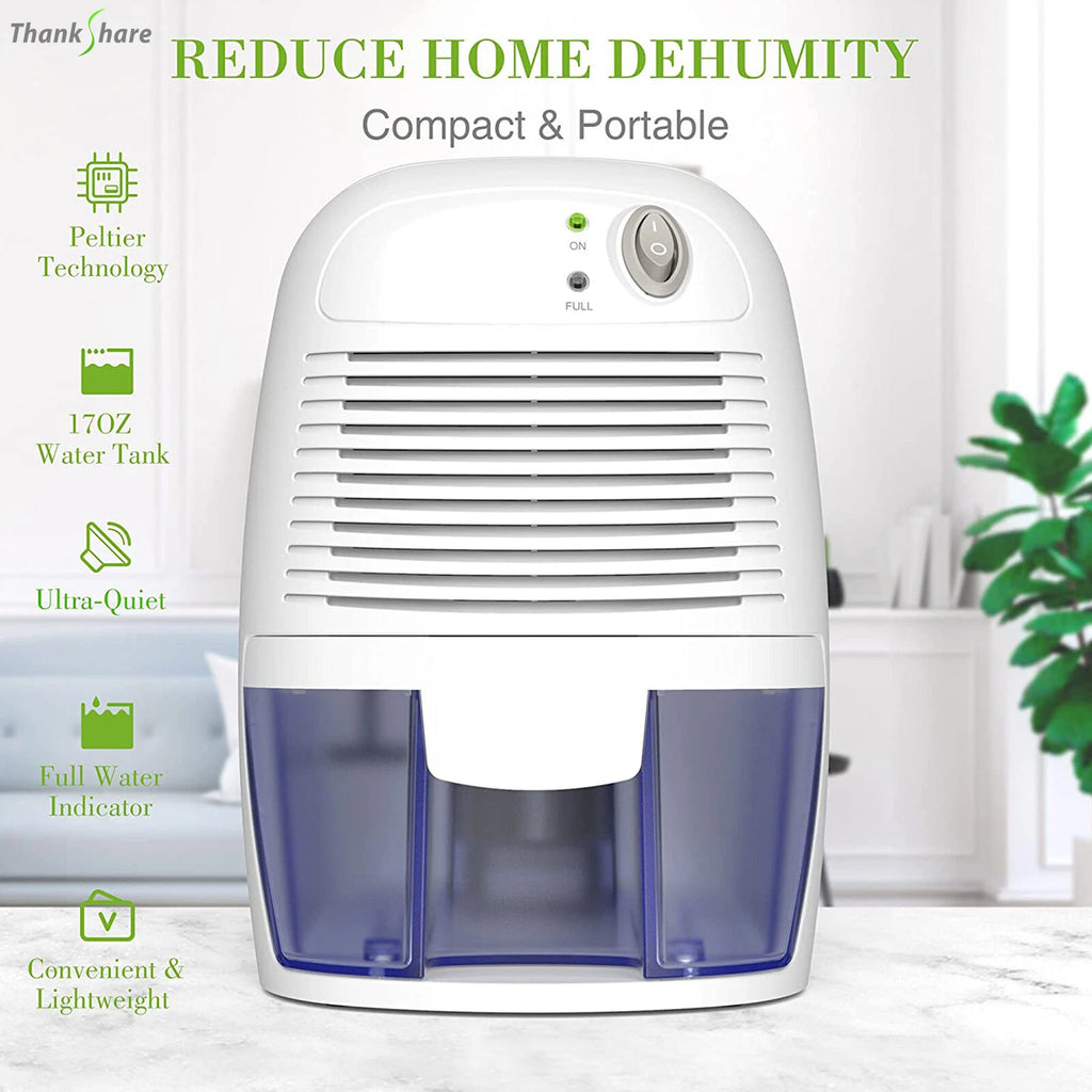 Home dehumidifier with 500ml tank, compact air dryer for kitchen and office