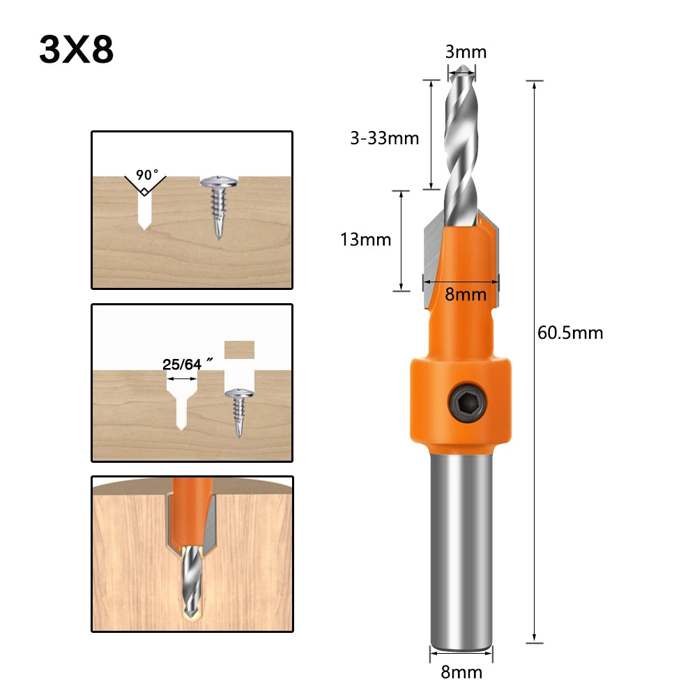 8mm Shank HSS Woodworking Countersink Router Bit Screw Extractor Remon Demolition for Wood Milling Cutter Woodworking Tools