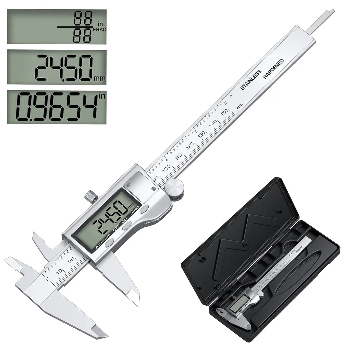 6" Digital Stainless Caliper: Large LCD Screen, Auto-Off, Splash-Proof, Converts Inch/Metric/Fraction (150-200mm)