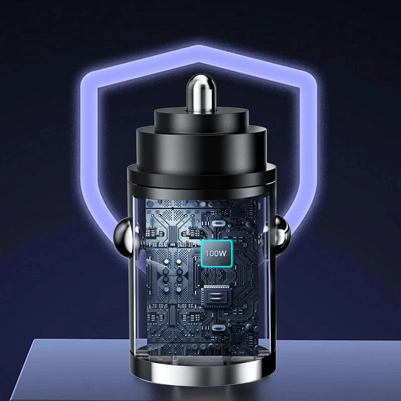 Mini Dual-Port USB and Type-C Car Charger with Pull Ring