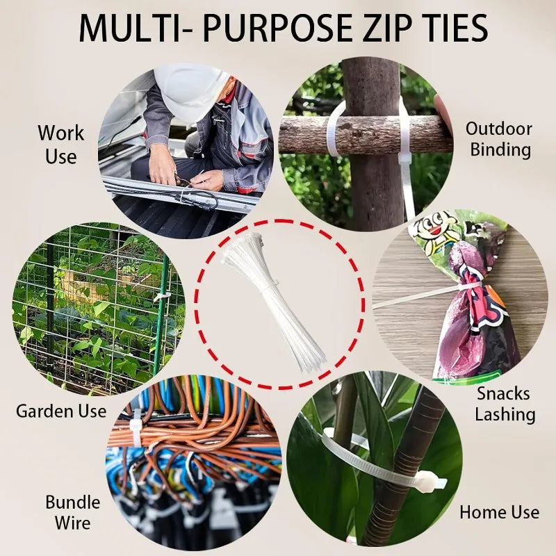 100-Piece White Zip Ties – UV Resistant, Assorted Sizes