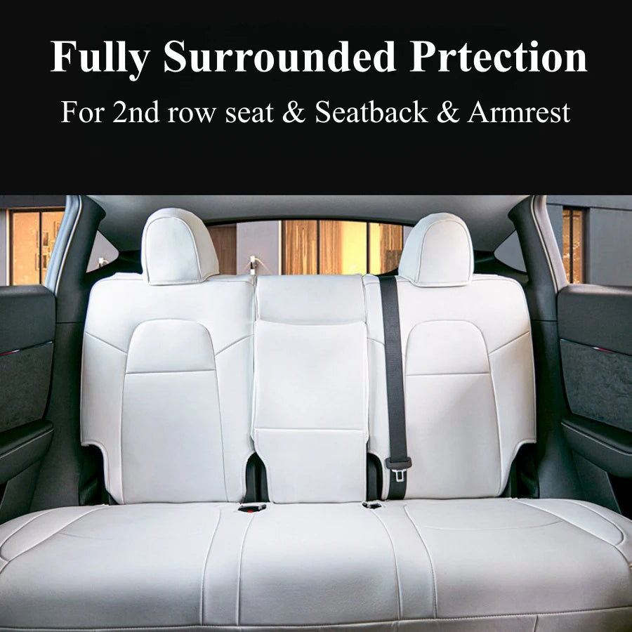 White PU Leather Seat Covers for Tesla Model Y and Model 3, Full 5-Seat Set