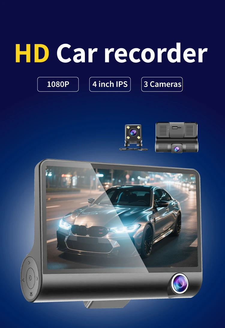3-Camera Dash Cam with Front, Interior, and Rear Views