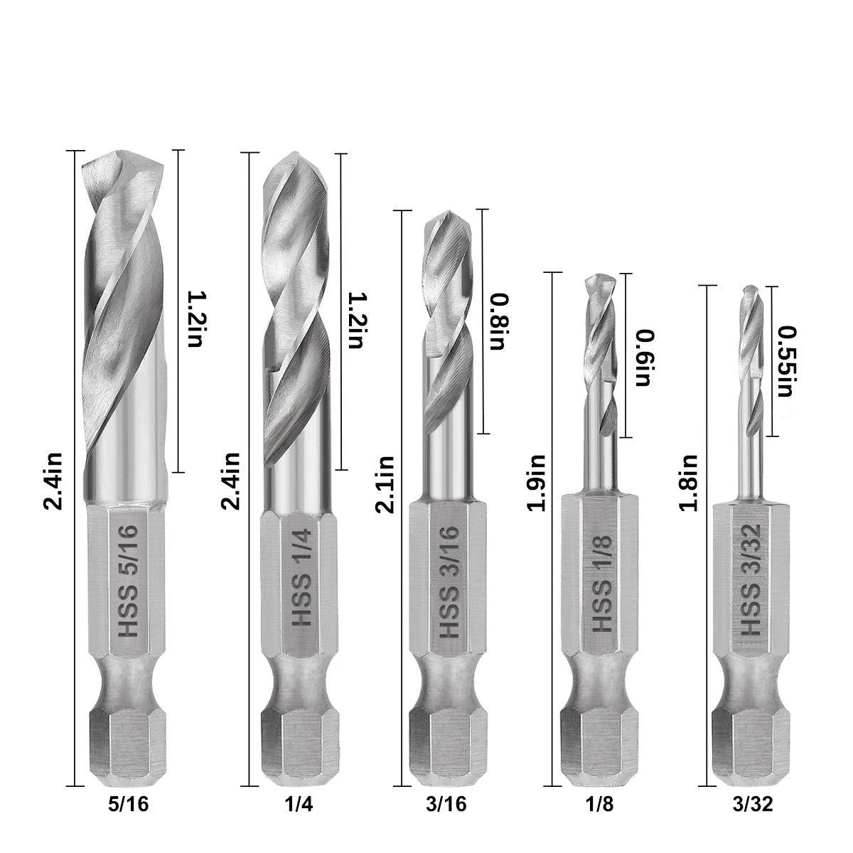 5/6pcs HSS SAE Brad Three Point Stubby Drill Bit Set for Wood with Quick Change Hex Shank