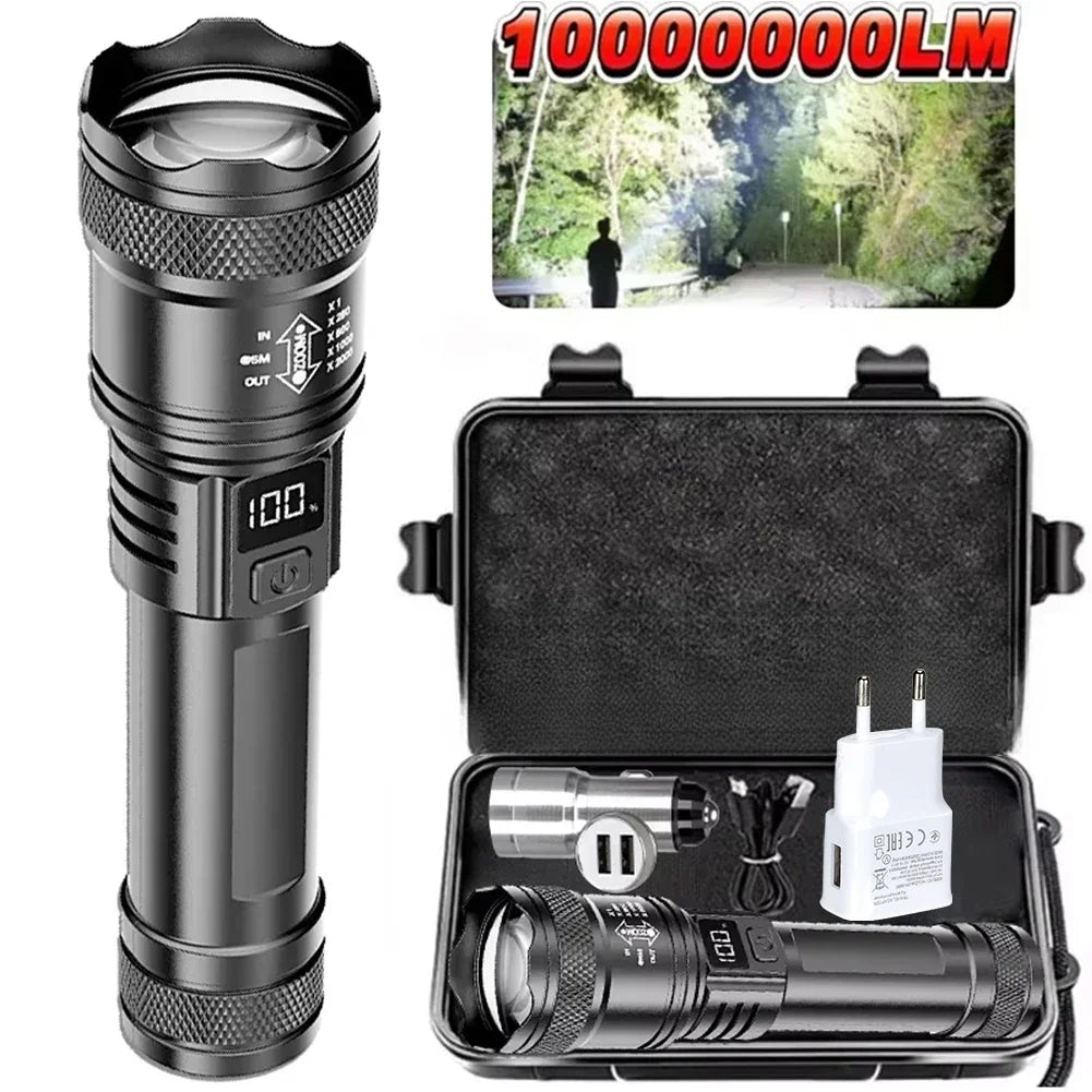 Rechargeable Zoom LED Flashlight with Display & Side Work Light