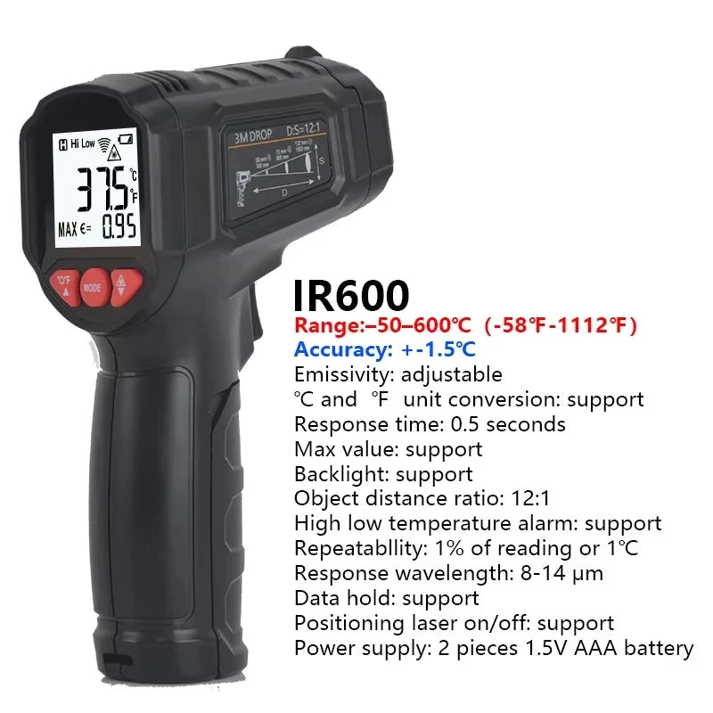 Digital Infrared Thermometer -50 to 800°C, Non-Contact Laser for Workshop