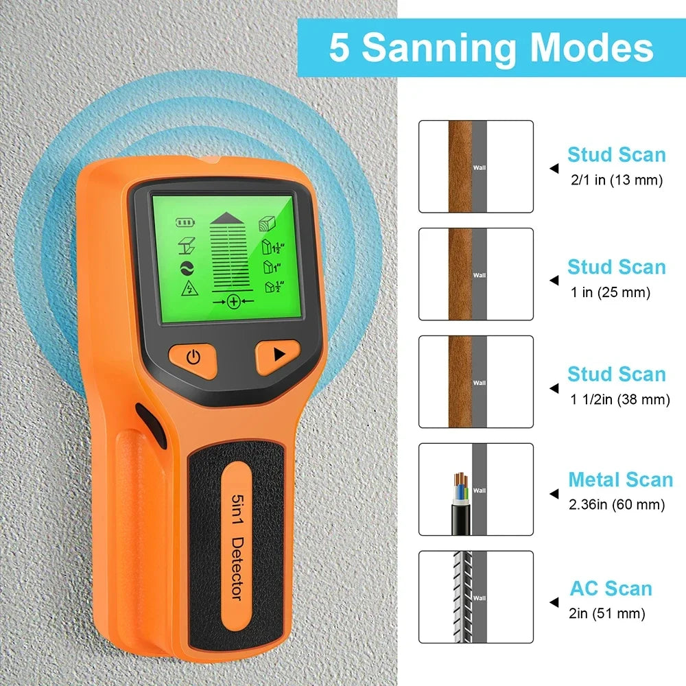 5 in 1 Stud Finder Wall Scanner, Multifunctional Wall Detector for Wood Metal Studs & Live AC Wires, LCD Display Wall Sensor