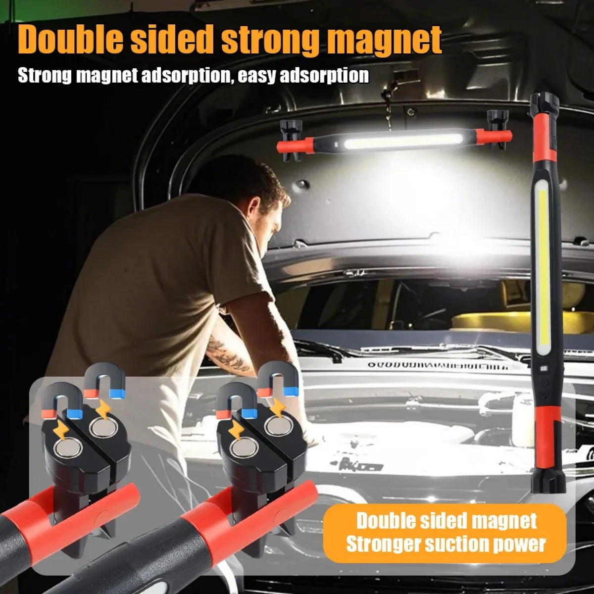 High Lumen Rechargeable LED Work Light for Car Emergency Repair, Powerful Magnetic Flashlight with Hooks and Magnetic Base