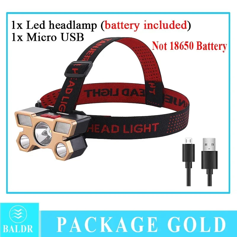 USB Rechargeable 5 LED Headlamp with Built-In Battery, Portable Work Light
