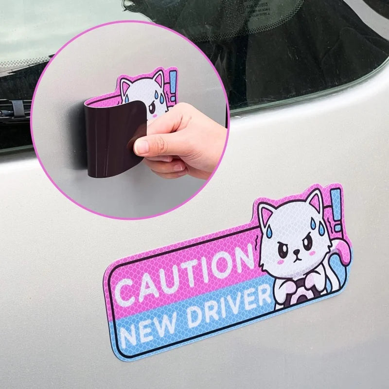 Reflective Cartoon Cat Student Driver Car Magnets (4 Pack)