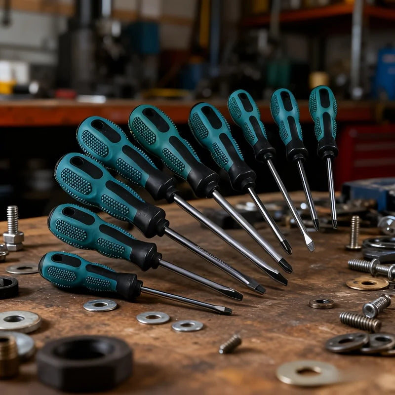 An ergonomic magnetic screwdriver set, including cross-head and flat-head types, designed to be anti-static with strong magnetic