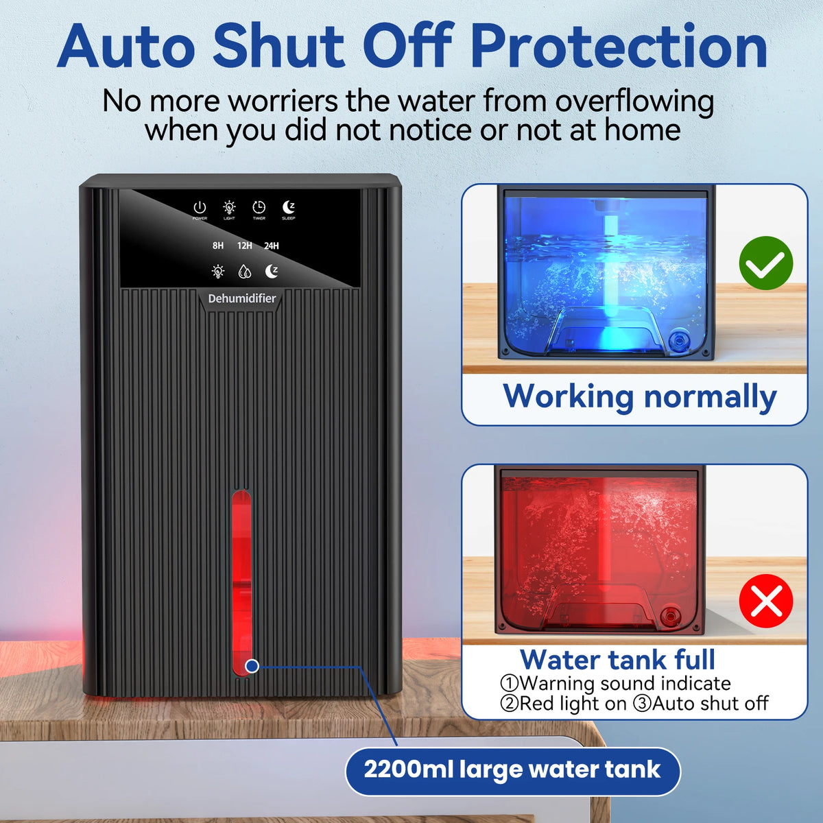 Portable home dehumidifier with 2200ml tank, large capacity damp remover