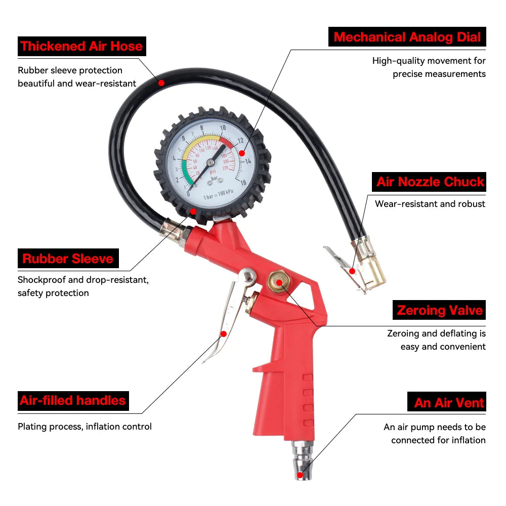 Dual-Scale Tire Pressure Gauge 0–220 PSI with Hose