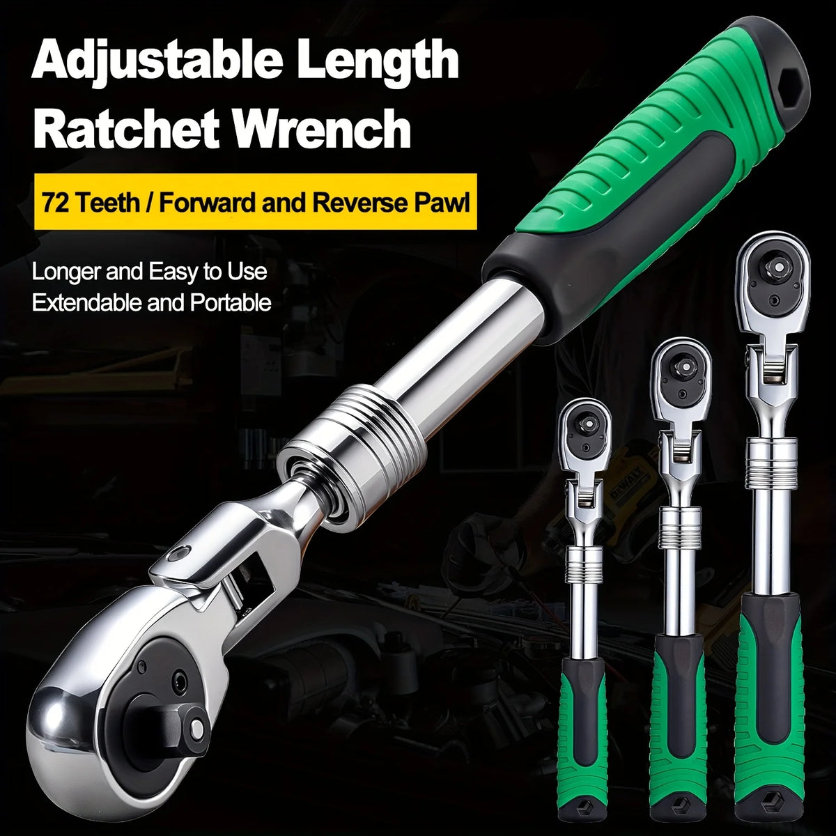 72-Tooth Ratchet Wrench Set, Chrome Vanadium Steel, Automatic Two-Way Mechanism, Stretchable, Ergonomic Grip, with Quick Socket
