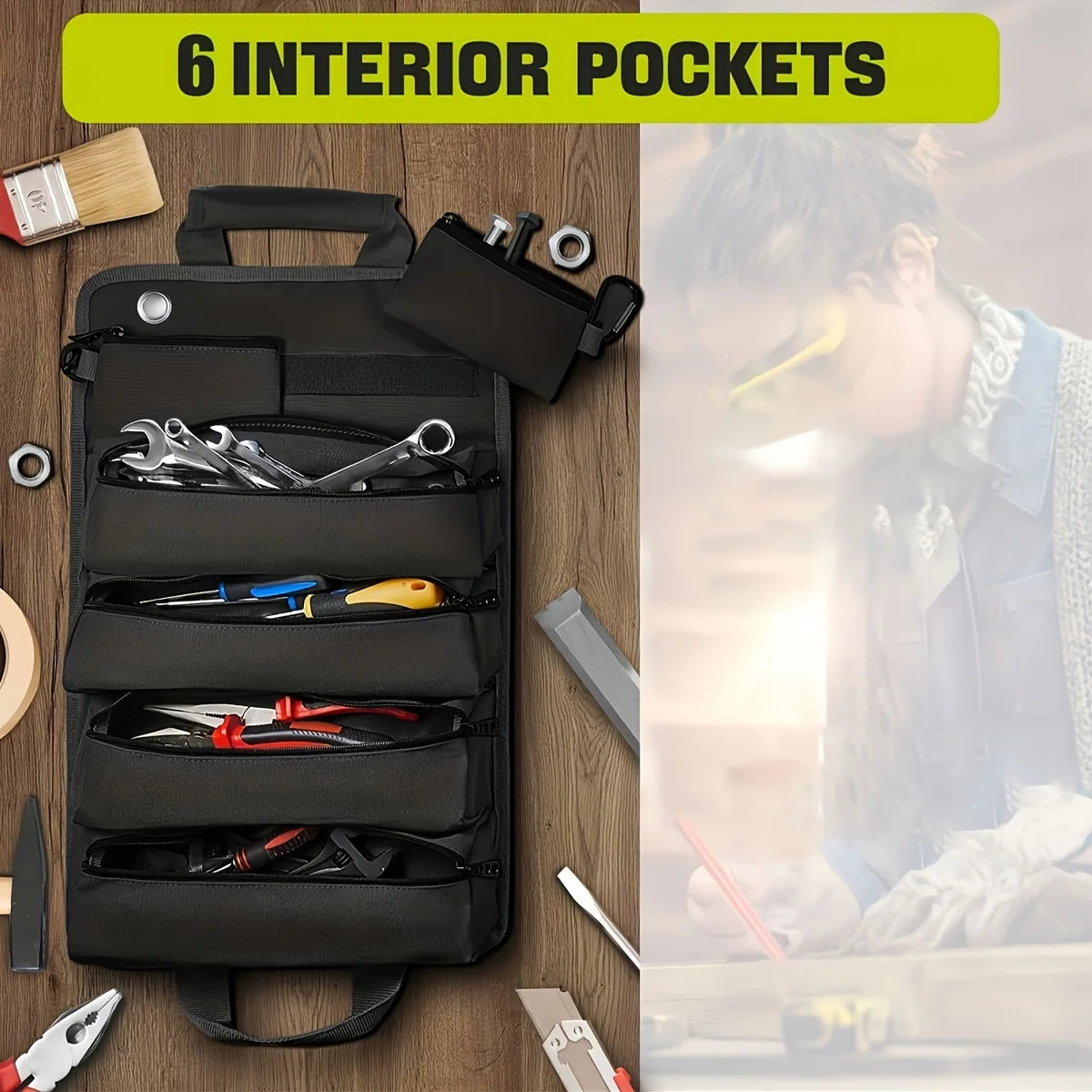 Tool Bag Organizer - Small Tool Bag With Detachable Pouches , Heavy Duty Roll Up Tool Bag Organizer With 6 Tool Pouches