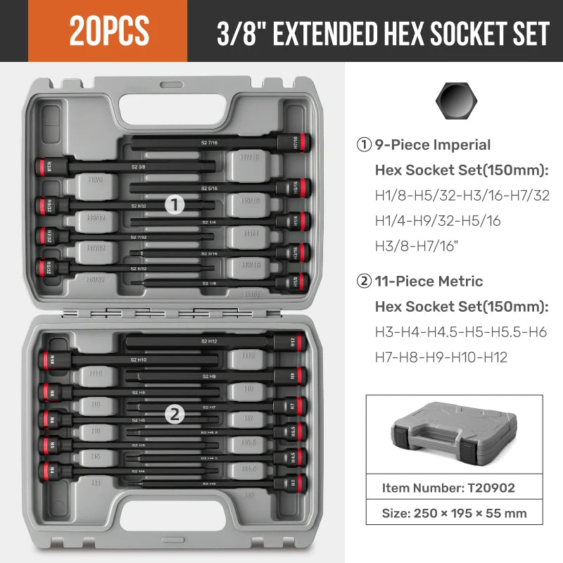 3/8 Impact Socket Set, Wrench Socket Hex Socket Set with S2 Bits and CR-V Sockets, Torx Bit Long Socket