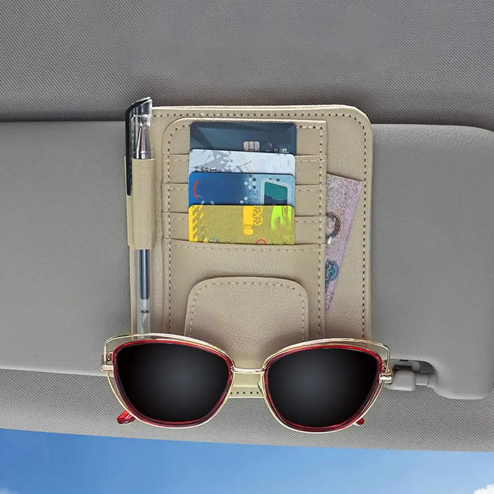 PU Leather Sun Visor Organizer with Card Slots and Sunglasses Holder