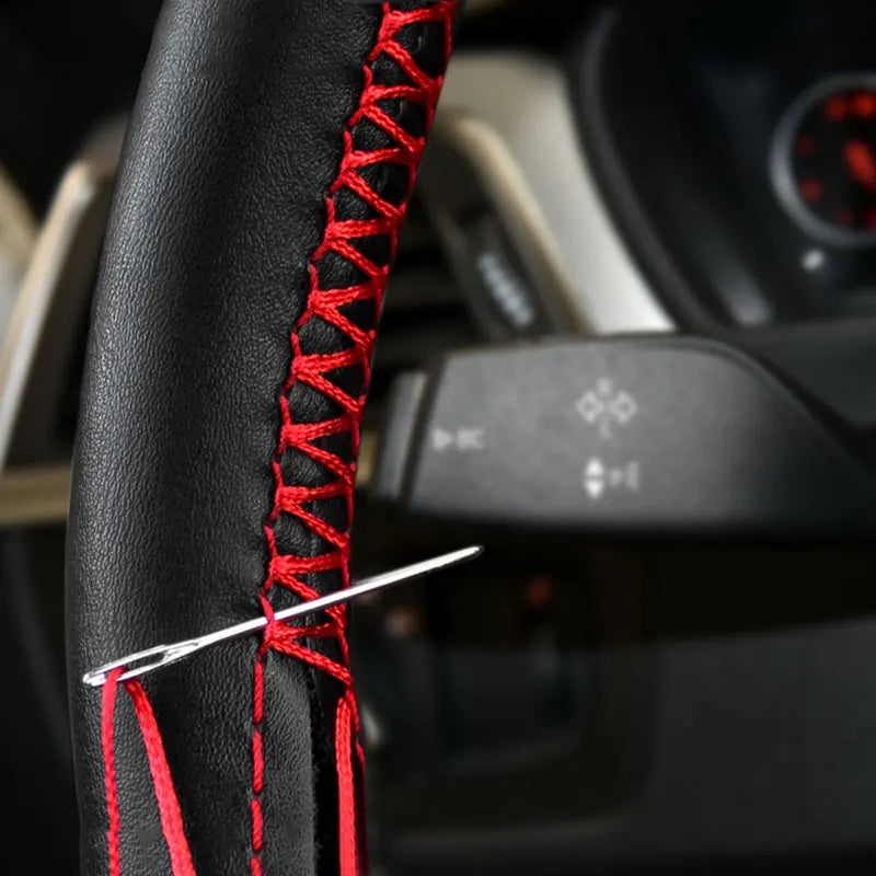 38cm DIY Car Steering Wheel Braid Cover Microfiber Leather with Red Thread and Needle Kit
