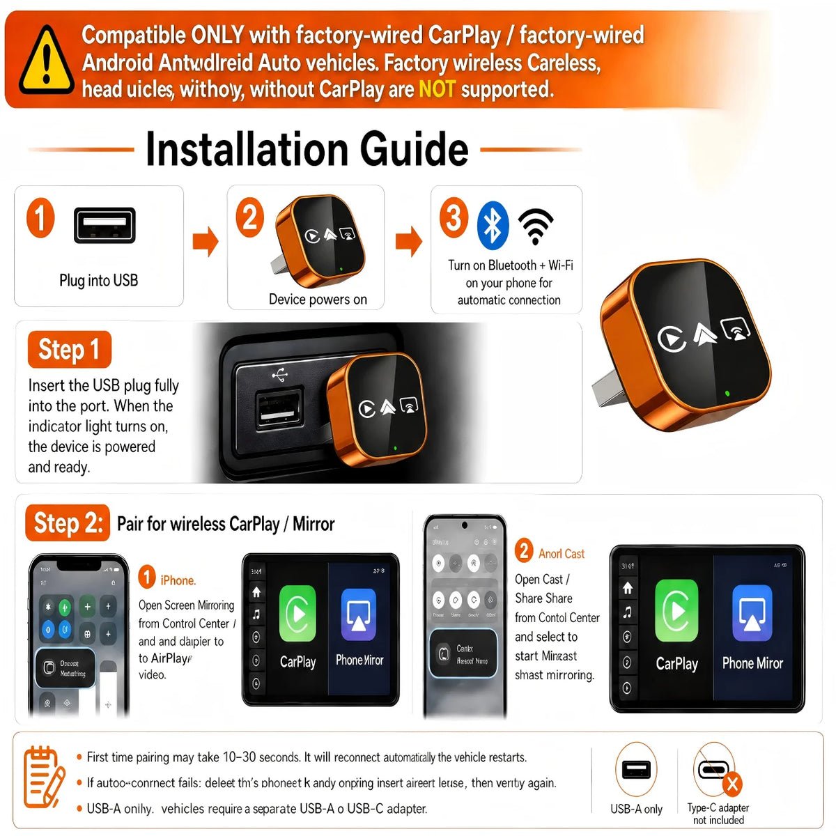 4-in-1 Wireless CarPlay and Android Auto Adapter with Mirroring