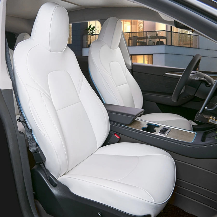 White PU Leather Seat Covers for Tesla Model Y and Model 3, Full 5-Seat Set