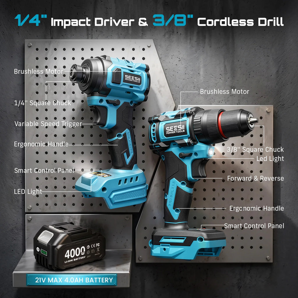 SEESII 21V Brushless Cordless Drill & Impact Driver Kit (2x4.0Ah) - image 8