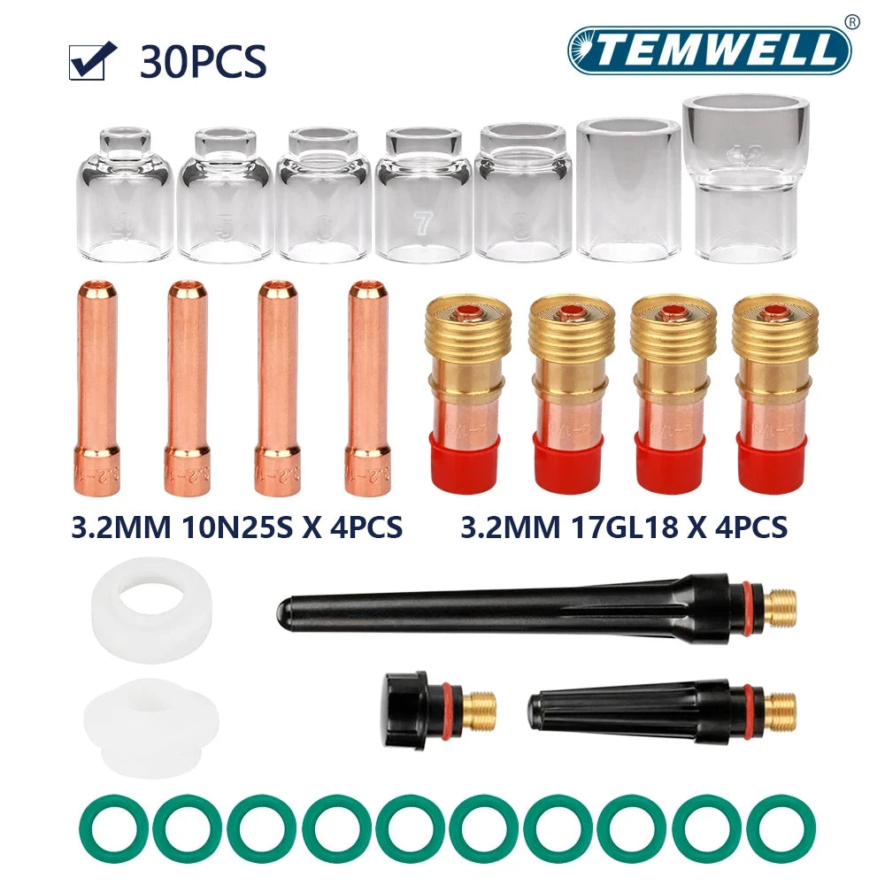 30 Pcs TIG Welding Torch Accessories, 2.4mm Stubby Gas Lens Pyrex Cup Kit
