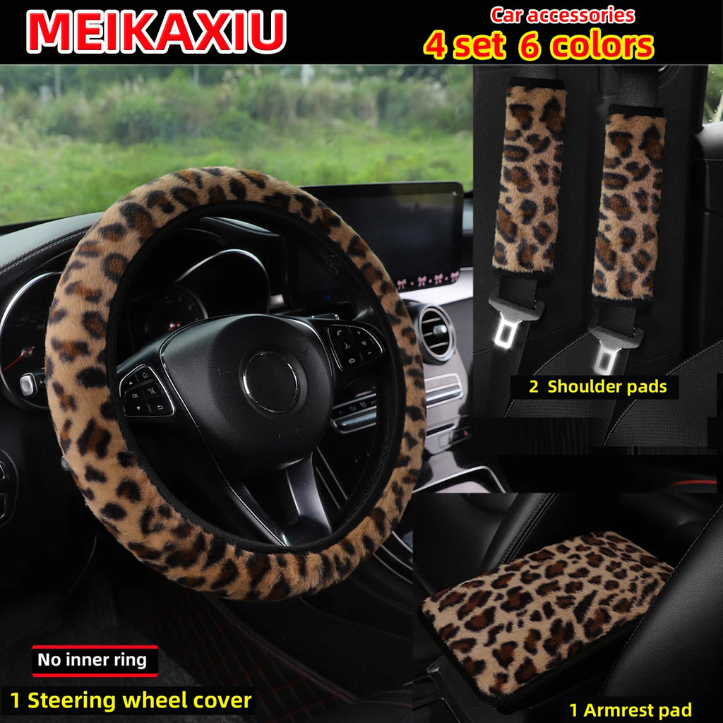 Leopard Print Winter Plush Steering Wheel Cover & Armrest Set