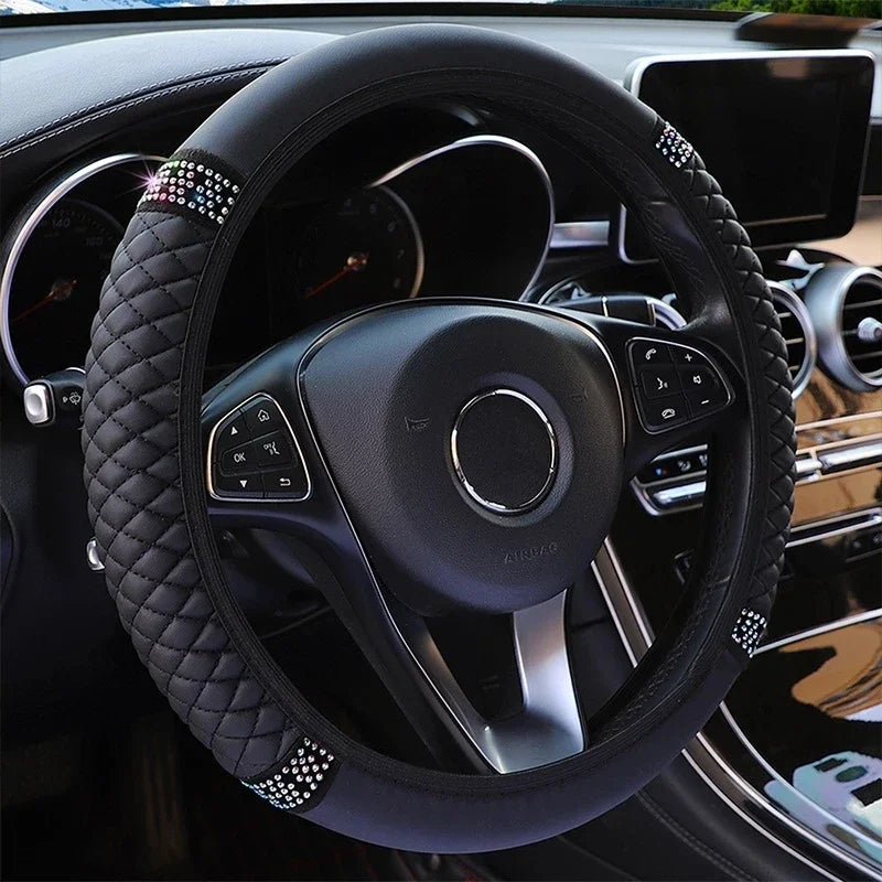 Diamond-Studded Leather Steering Wheel Cover for Cars - image 3