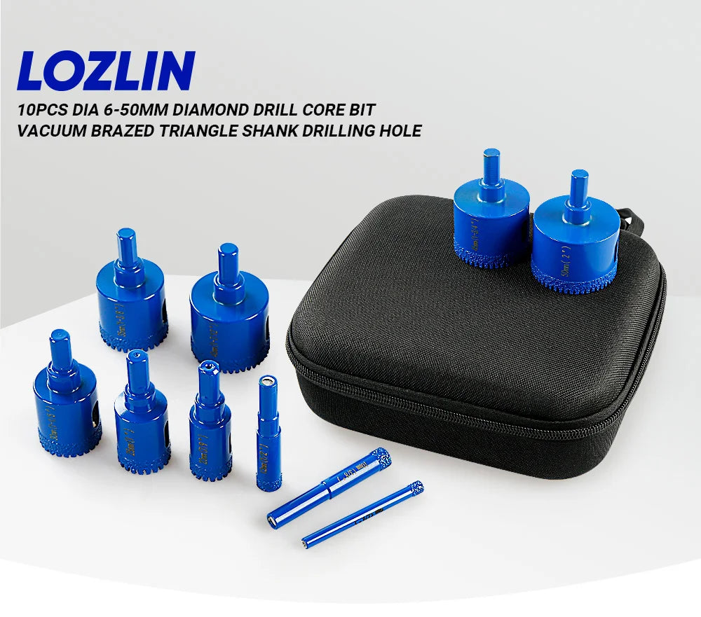 LOZLIN 10PCS Diamond Core Drill Bit Set 6-50mm Vacuum Brazed Hole Saw Kit for Porcelain Tile Ceramic Tile Granite Marble Stone Dry Drilling Cutter Tool Diamond Hole Cutter Drill Bits for Angle Grinder Hand Drill