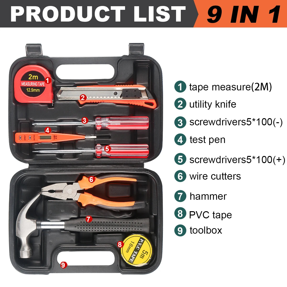 Household Hand Tool Kit 8/9/12/13 Pcs with Plastic Storage Case